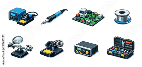 Electronic soldering equipment and tools displayed on gray surface