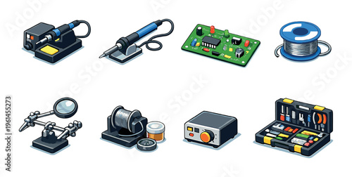 Soldering tools and circuit board laid out on gray surface