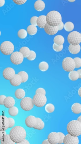 White golf balls falling in vertical seamless loop on blue background. Clean sports animation for mobile use.