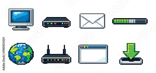 Computer and network icons arranged on gray gradient background