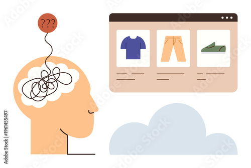 E-commerce, decision-making, consumer behavior, digital frustration, online shopping, retail psychology. Human head with tangled thoughts and online shopping options. E-commerce and decision-making
