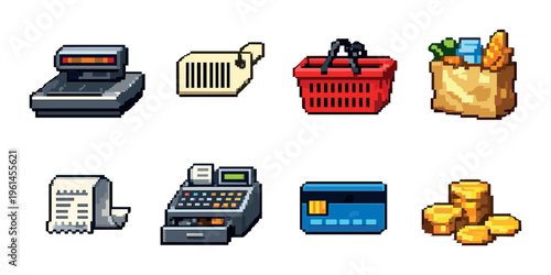 Pixel retail icons showing checkout items and groceries grid