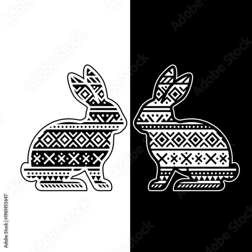 Duo Geometric Rabbit Silhouette Tribal Vector Illustration