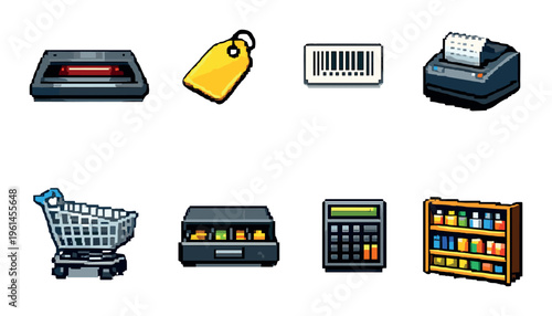 Pixel retail icons showing price tags and checkout tools grid