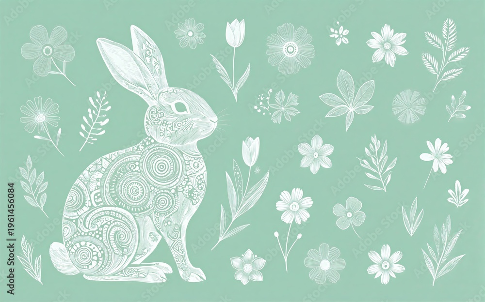 Obraz premium A decorative rabbit with floral patterns sits amidst delicate white