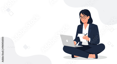 Woman in business suit working on laptop and taking notes, sitting cross-legged