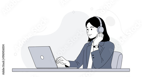 Woman with headphones working on laptop, customer service, online support, remote work