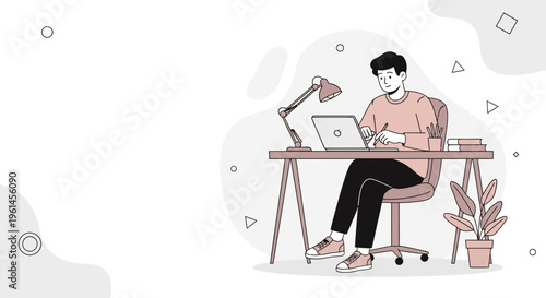 Young man working on laptop at desk, studying or remote working, modern flat illustration