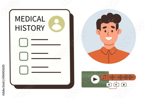 Healthcare management, digital identity, patient data, multimedia, personal records, medical history. A record sheet, user portrait and media playback bar. Healthcare management and digital identity