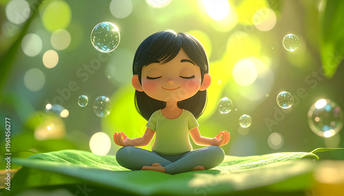 Serene young girl meditating surrounded by floating bubbles in a lush green environment illustration