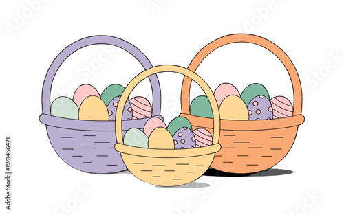 Three Easter baskets filled with colorful eggs, a symbol of spring and renewal.