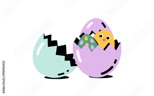 Cute Easter chick hatched from a cracked egg with pastel colors.