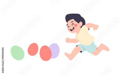 A boy happily participating in an Easter egg hunt.