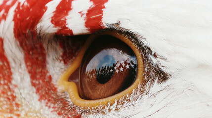 Beautiful macro photography captures bald eagle eye reflecting colorful American flag. Blurred white feathers create massive blurred background offering magnificent patriotic graphic design typography