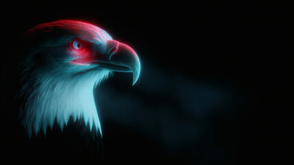 Fierce bald eagle head shines under vibrant red blue neon lights inside dark studio. Cinematic moody atmosphere creates huge empty dark space offering perfect patriotic event poster