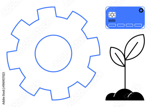 Technology, finance, growth, sustainability, innovation, progress. Minimal gear outline with a credit card and a sprouting plant. Technology and finance meet in a growth and sustainability concept