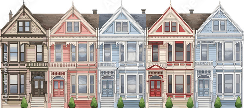 Stylized decorative Victorian houses illustration featuring colorful facades, ornate trim, gabled roofs, bay windows, shrubs, historical architecture, creative artwork design.