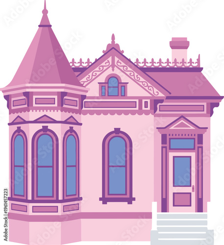 Stylized decorative Victorian house illustration featuring pink facade, purple trim, turret roof, arched windows, ornate gables, whimsical architectural artwork design.