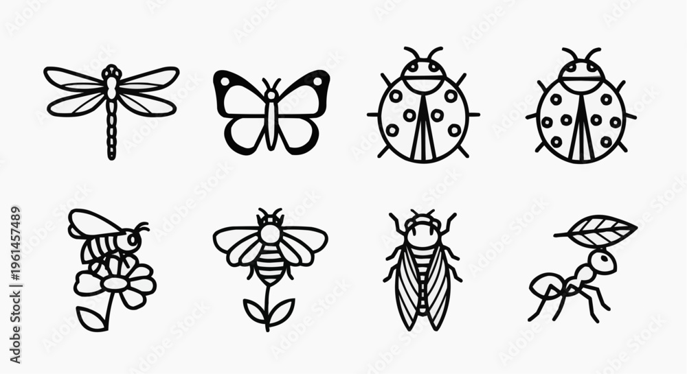 Fototapeta premium Set of line art illustrations of diverse insects. Each insect is represented with simple, clean lines, and easily recognizable features. This set is a great resource for educational materials.