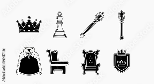 An assortment of royal items, including crowns, scepters, and thrones, arranged in a simple, elegant display. The monochrome design emphasizes the classic, timeless quality of each element.