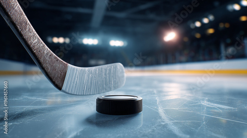 A close up of a hockey stick and puck on an ice rink ready for a face off in a stadium arena