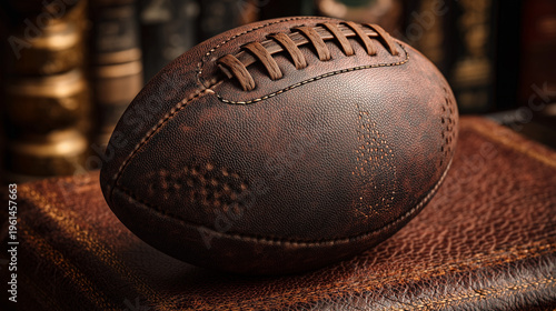 A close up of a vintage leather football resting on a textured brown leather book surface indoors