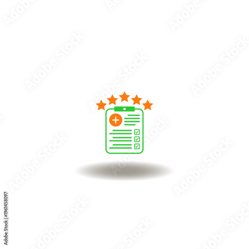 Vector illustration of checklist with health care cross and five stars. Symbol of medical accreditation.