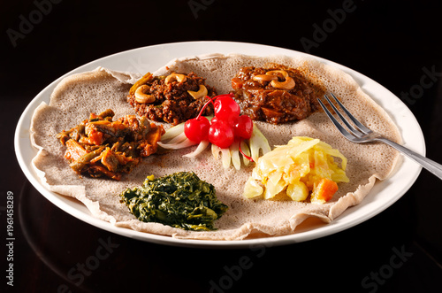 Vegetarian Ethiopian platter with injera bread