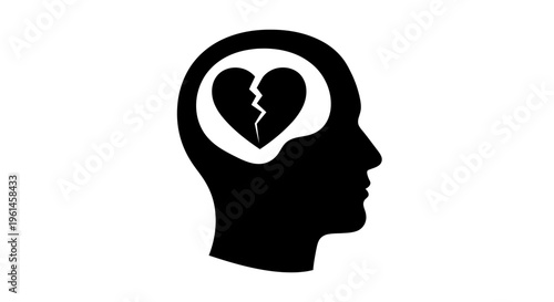 Mental Health and Broken Heart Concept Silhouette Illustration of Human Head with Cracked Heart Symbol Representing Emotional Pain Grief Depression Divorce Loneliness Trauma and Psychological Stress
