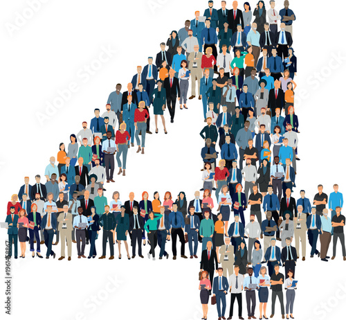 Illustration vectorielle représentant le chiffre 4 de l’alphabet constituée d’une foule de personnages d’âge, de races et de sexes différents. Employés d'une entreprise, salariés ou cadres.	