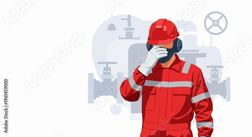 Industrial worker wearing protective gear and mask.