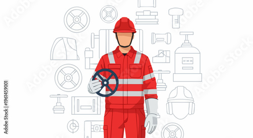 Industrial Worker in Red Uniform Holding Valve Wheel.