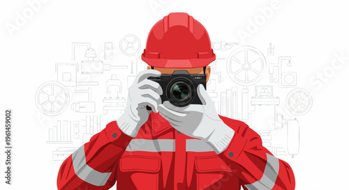Construction Worker Photographer Capturing Industrial Scene.
