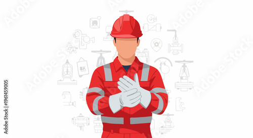 Industrial Worker in Red Uniform and Hard Hat.