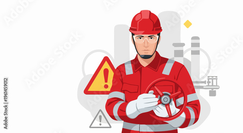 Industrial worker in red uniform holding valve wheel safety equipment.