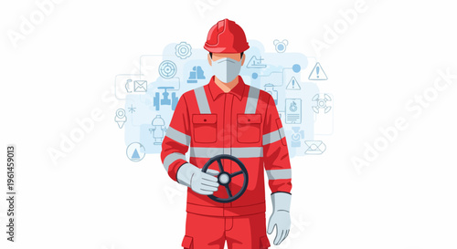 Industrial Worker in Protective Gear Holding Valve Wheel.