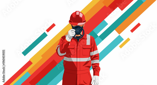 Industrial worker wearing protective gear and mask.