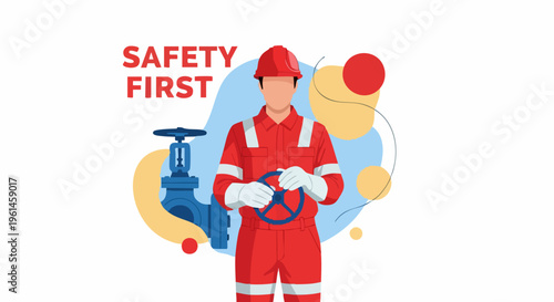 Industrial worker in red uniform with safety helmet and gloves.
