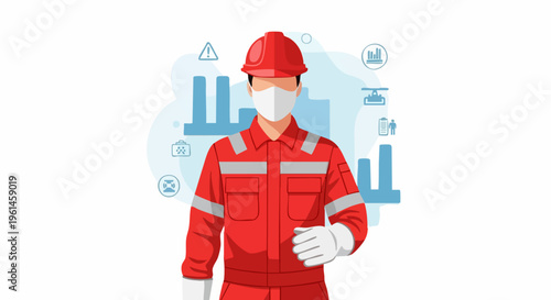 Industrial worker wearing protective gear and face mask.