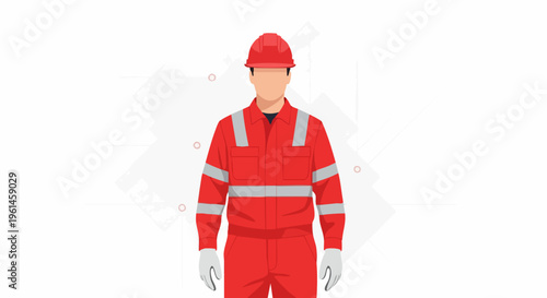 Man in Red Work Uniform and Hard Hat Standing.