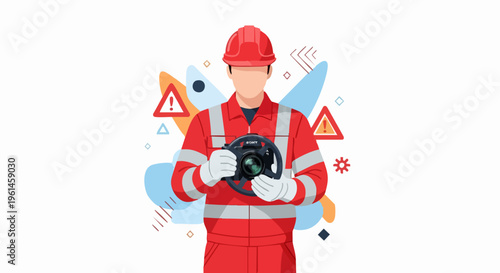 Construction worker holding hard hat safety equipment illustration.