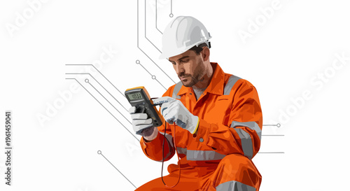 Skilled technician in orange jumpsuit using digital device.