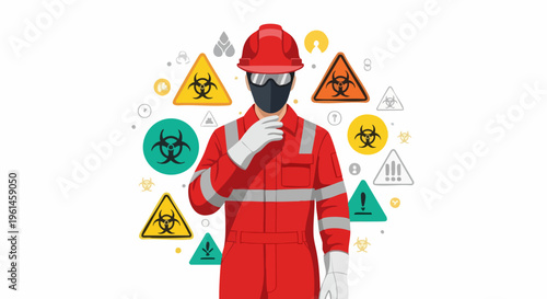 Worker in protective gear surrounded by hazard symbols.