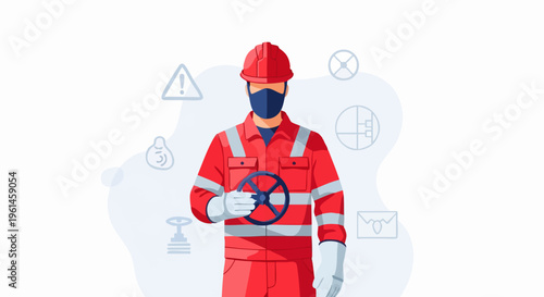 Industrial worker in protective gear holding valve wheel.