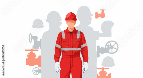 Man in Red Uniform and Hard Hat Standing Confidently.