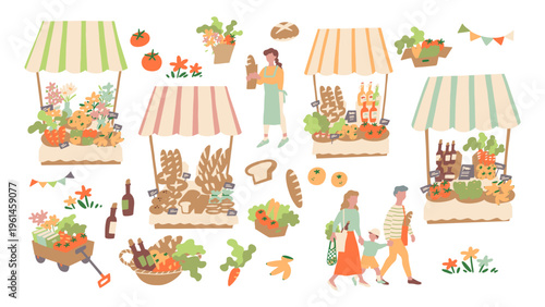 休日のフリーマーケットやマルシェなどのイベントを楽しむファミリー、ポップアップストアなどの人物＆小物の手書きイラスト素材セット 16:9 Hand-drawn illustration set featuring people and props, such as families enjoying events like farmers' markets and pop-up stores.