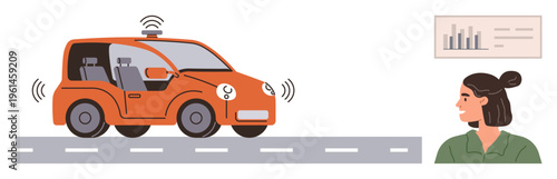 Autonomous vehicles, technology innovation, transportation, artificial intelligence, data analysis, future mobility. Driverless car with sensors on road. Autonomous vehicles and technology innovation