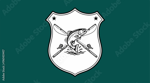 Fishing emblem with fish, rods, and shield on green background.