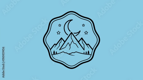Minimalist Mountain and Moon Emblem on a Light Blue Background.