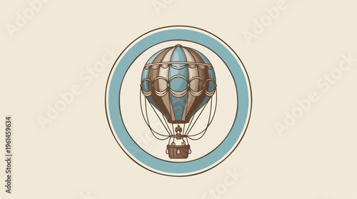 Vintage hot air balloon illustration inside a circular frame on a beige background.